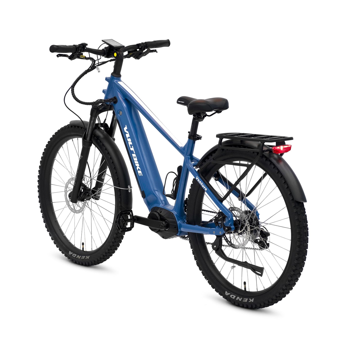 Blue electric bicycle with black components on a white background