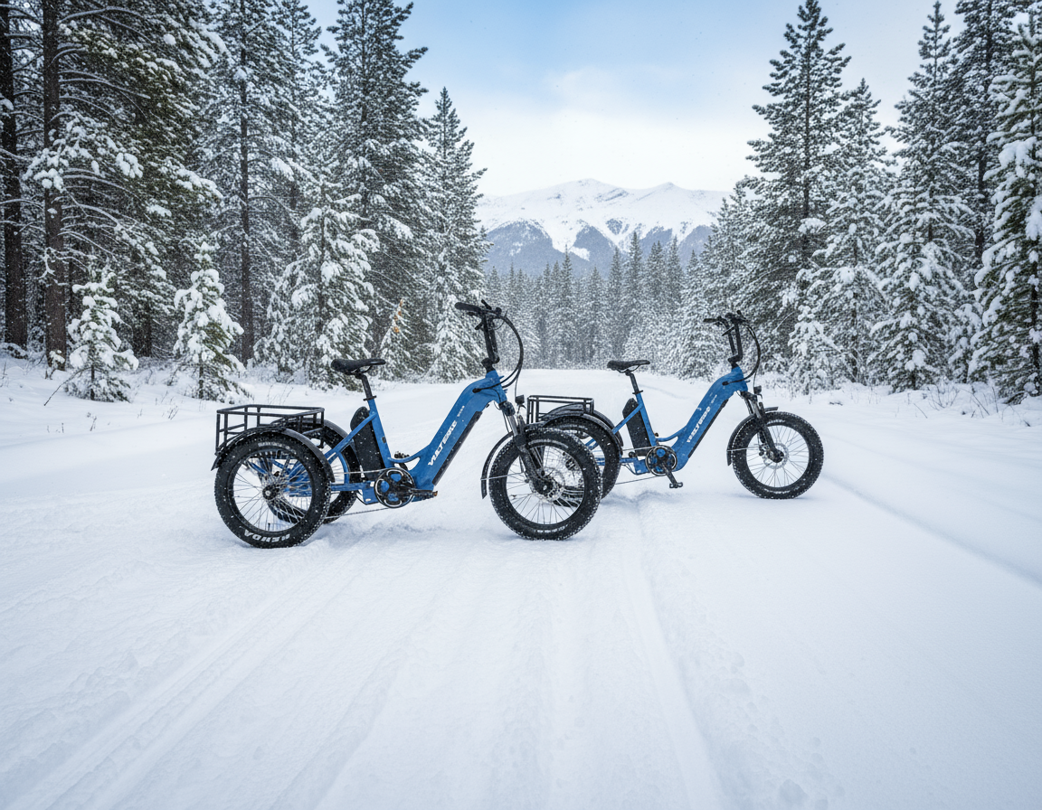 Two electric bikes on a snow-covered trail with trees and mountains in the background