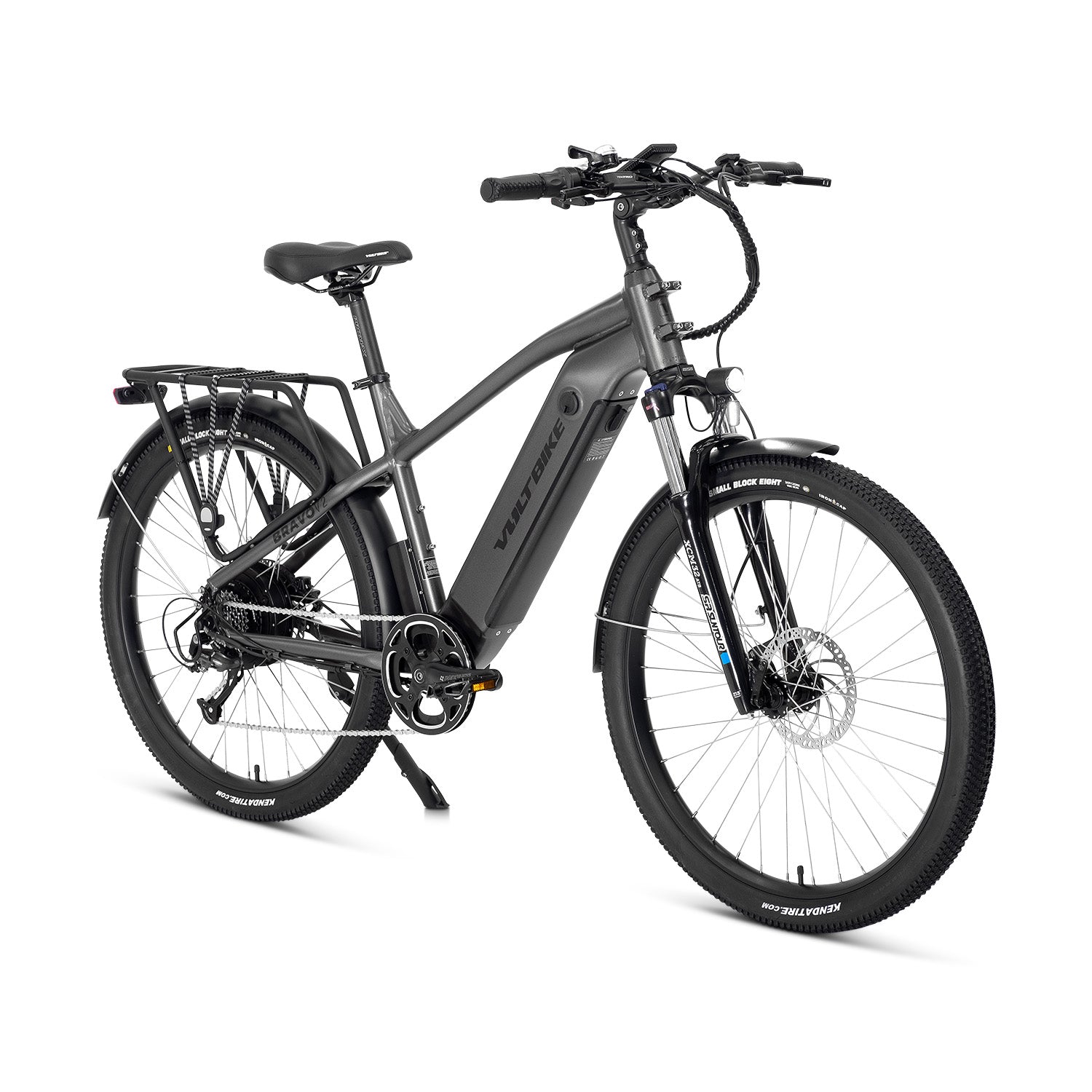 Vue oblique du VoltBike Bravo V2 montrant la batterie intégrée et le design