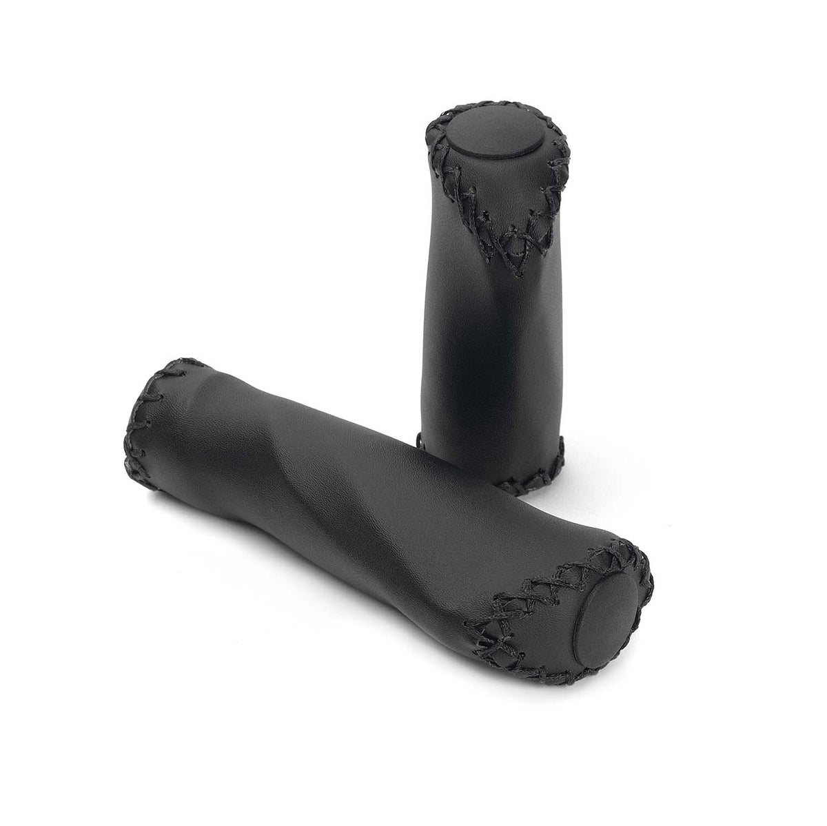Pair of black textured bicycle handlebar grips on a white background